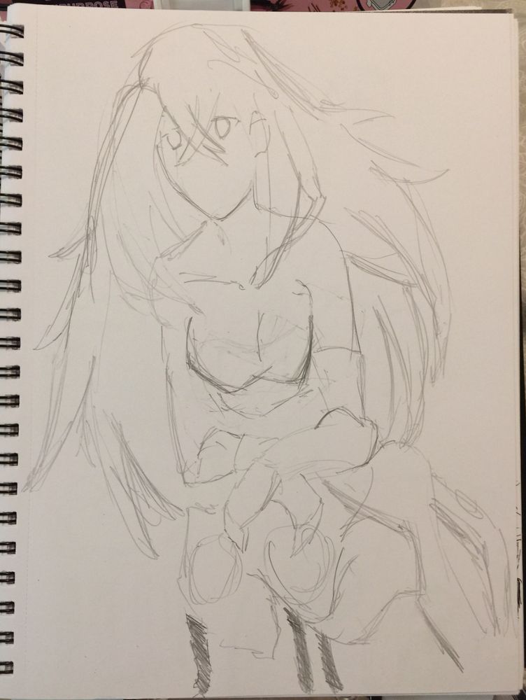Photo of a physical sketch done in pencil of a woman with long hair crouching down with her hands resting on her knees.