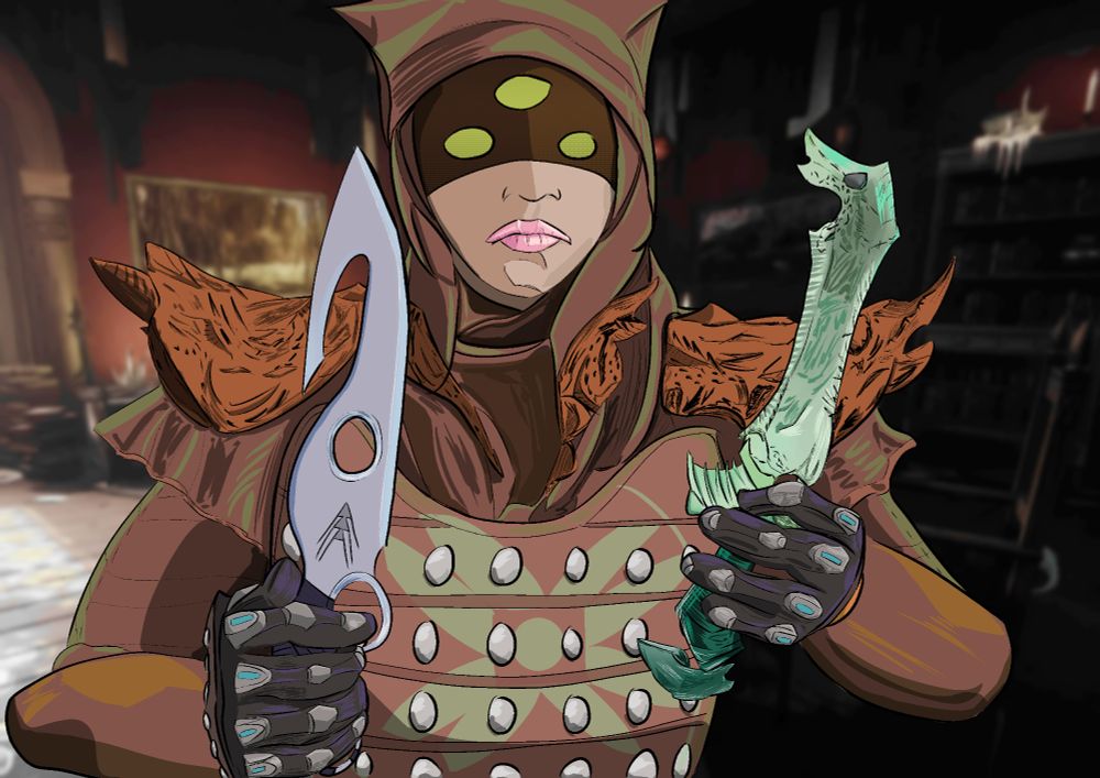 A digital drawing of Eris Morn, a woman wearing a hood and cloak, along with shoulder pads and a leather chest piece, holding two sharp instruments (A hunter's knife and a miniaturized Hive Knight Sword).

The background is a screenshot of her apartment from Destiny 2 while blurred. 