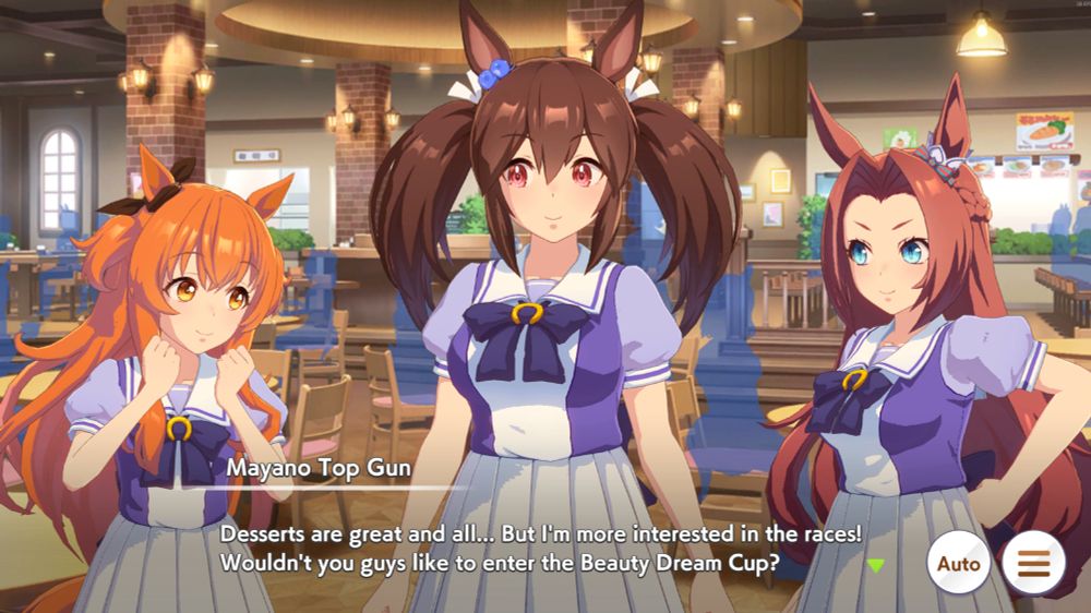Screenshot from Umamusume. During a story event three horse girls are standing in a cafeteria speaking. On the left is a short girl with orange hair named Mayano Top Gun. On the right is Kawakami Princess at an average height. And in the middle, towering over the both of them is Hishi Akebono.
