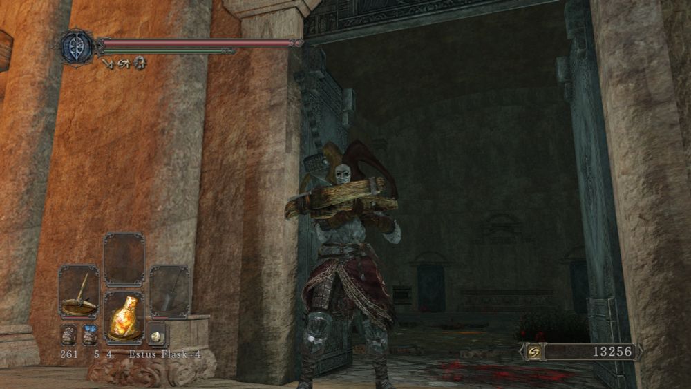 Same position as before, but the player is holding their crossbow after shooting all the spiders.