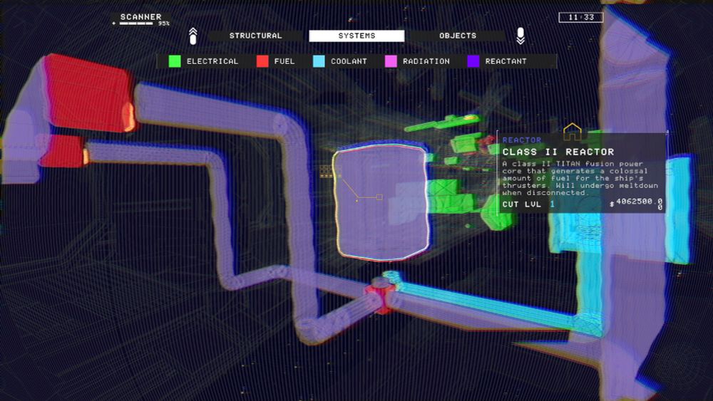 Screenshots from Hardspace Shipbreaker. The first image of a systems scan of a ship focusing on the Class 2 Reactor.