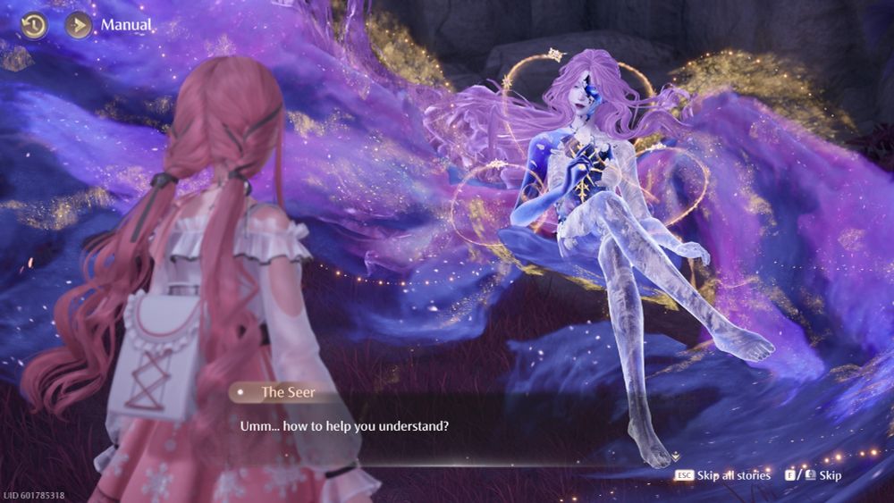 Screenshot from Infinity Nikki. She finishes "Umm, how to help you understand?" as she crosses her legs in the most cunty but serving way imaginable.