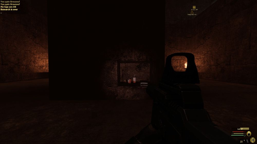 Screenshot from EYE Divine Cybermancy. Inside of a dark tomb a block of a pillar is carved out to hide a briefcase of brouzoufs (money), and a fast food meal, burgers, drinks, and fries.