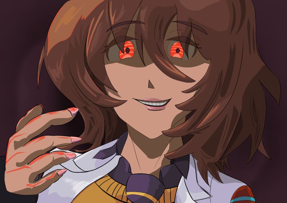 A digital drawing of Tachyon from Umamusume, done by me. A woman with glowing red eyes, brown shoulder-length hair, and a white lab coat over a sweater and dress shirt with a tie.