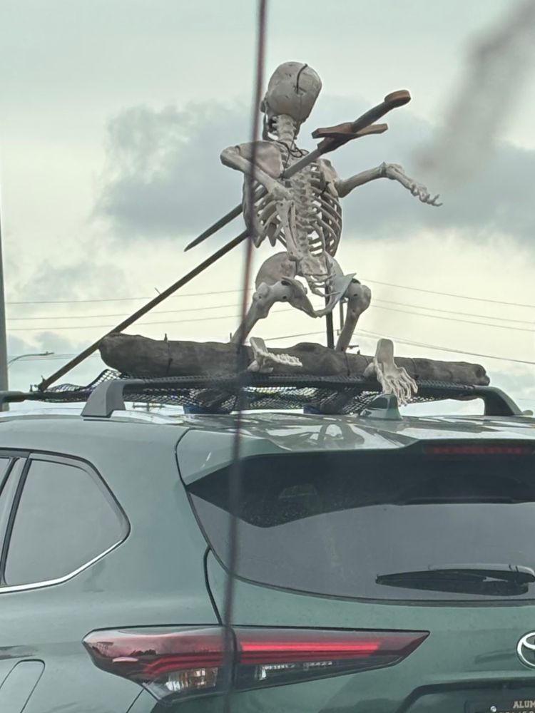 A Halloween skeleton on top of a car with a long sword through it.