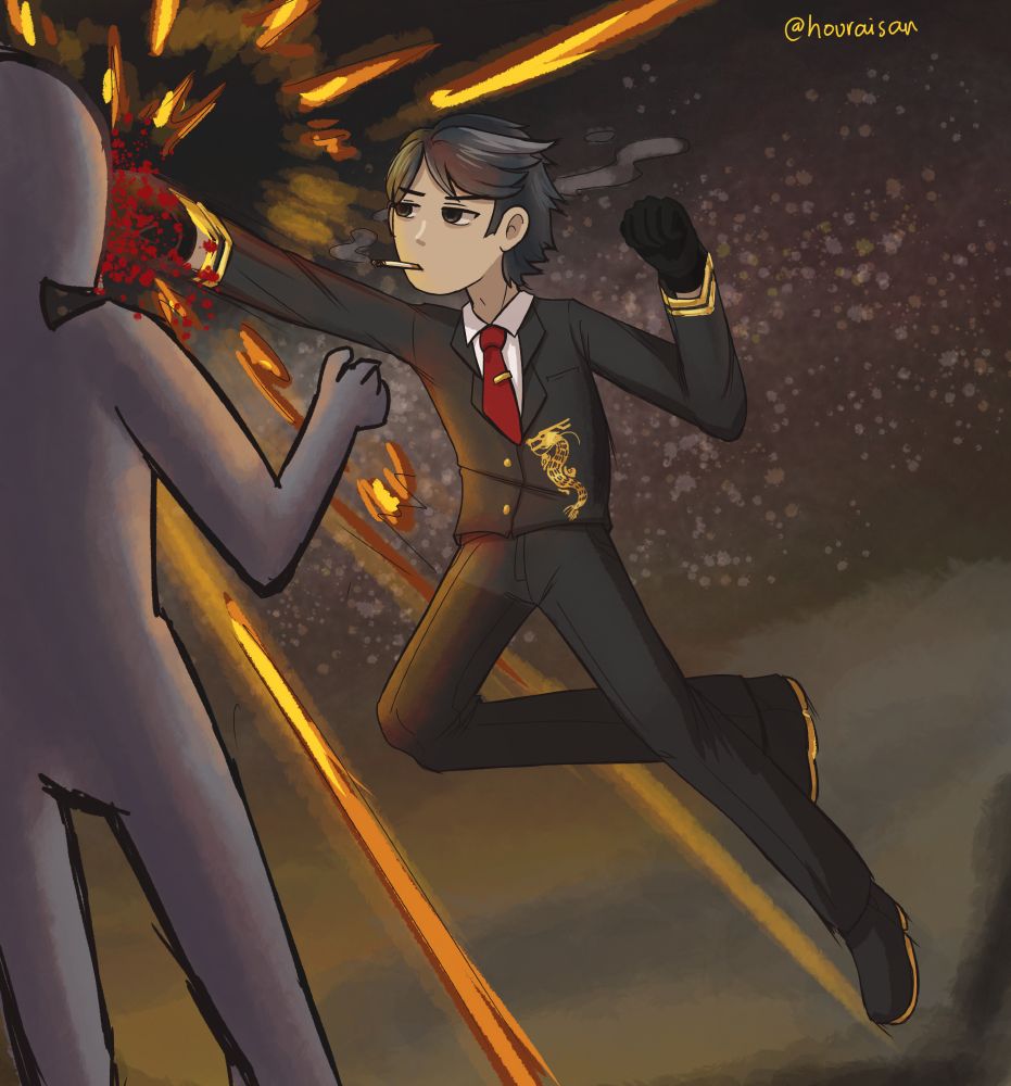 A man in a starry sky beats up an anonymous figure on the face, resulting in a blood coming out from it. The man wears a black suit with a dragon embroidery on it, and gold accents on his suit and his shoes. The man also has a lit cigarette on his mouth.

The man's name is Agus.