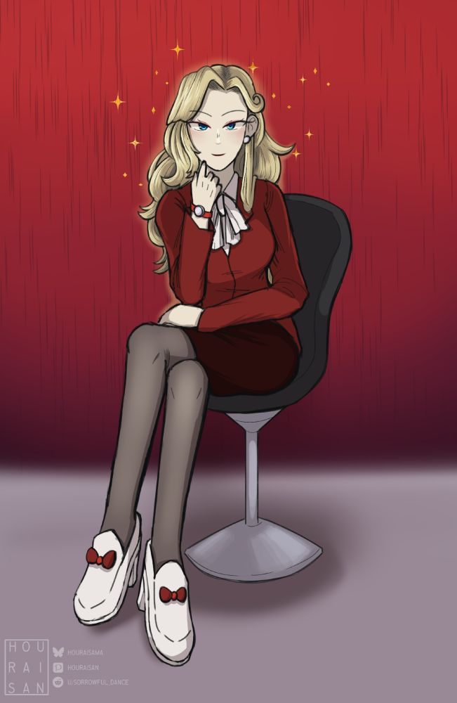 A woman in red blazer and dark red skirt sitting in the chair, with her eyes directly look at the viewer. She crosses her legs, her right hand is on her hand, as she looks intrigued to the viewer. The background is red-dark fuchsia behind and a light grey floor.