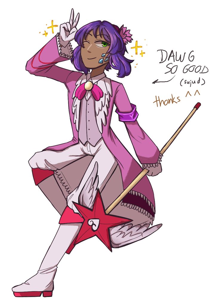 A man with brown skin, purple hair, and green eyes winks to the audience. He is wears a pink longcoat with a wing-shaped lapel, a pink ribbon, a pastel pink vest, a white pants and white boots with pink accents. The attire was a redesigned EGO suit of the "In the Name of Love and Hate".

Next to the drawing, a black writing saying "DAWG SO GOOD" and below it, a dark yellow writing replying "thanks ^^"

The man's name is Ramirez.