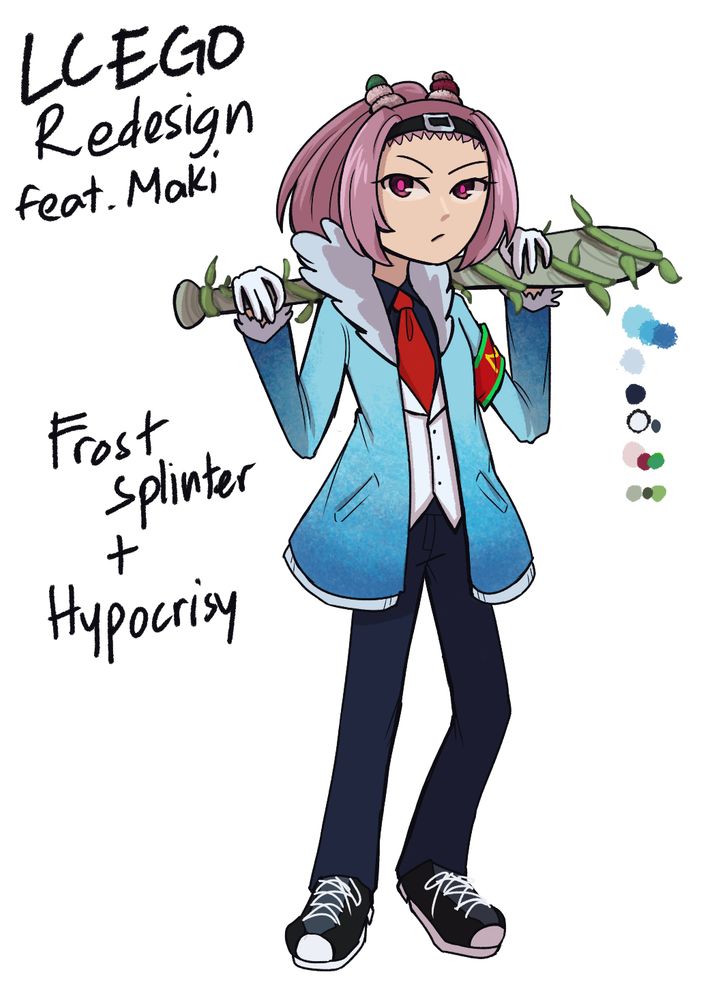 A pale pink-haired woman in ponytail has a belt-like headband, and that headband is the redesigned EGO gift "Regret". There is also several circular objects that are arranged into pair of horns, and it is a redesigned version of the "Christmas". She is wearing a blue gradient jacket with a fluff on the collar. She wears a blue-black shirt, red tie, and white vest. She wears a dark blue pants and a black sneakers. The attire is the redesigned variant of the EGO suit "Frost Splinter".

The woman is also carrying a baseball bat grown with vines. The weapon is a redesigned variant of the EGO weapon "Hypocrisy". Like the original weapon, this redesign version also inflicts RED damage.

The woman's name is Maki.