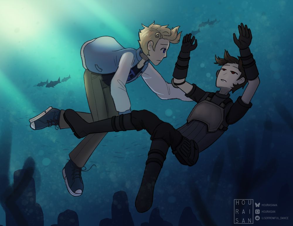 Two men are in underwater.
- One(left) wears a blue-and-white varsity jacket with brown jeans, and blue sneakers with white sole. The man in varsity jacket has blue eyes and has blonde hair, trying to save the other man.
- The other man(right) wears a black attire with a body armor and a forearm armor. He also wears a arm knee pad on the right side. The man in black drowns with a despairful face.