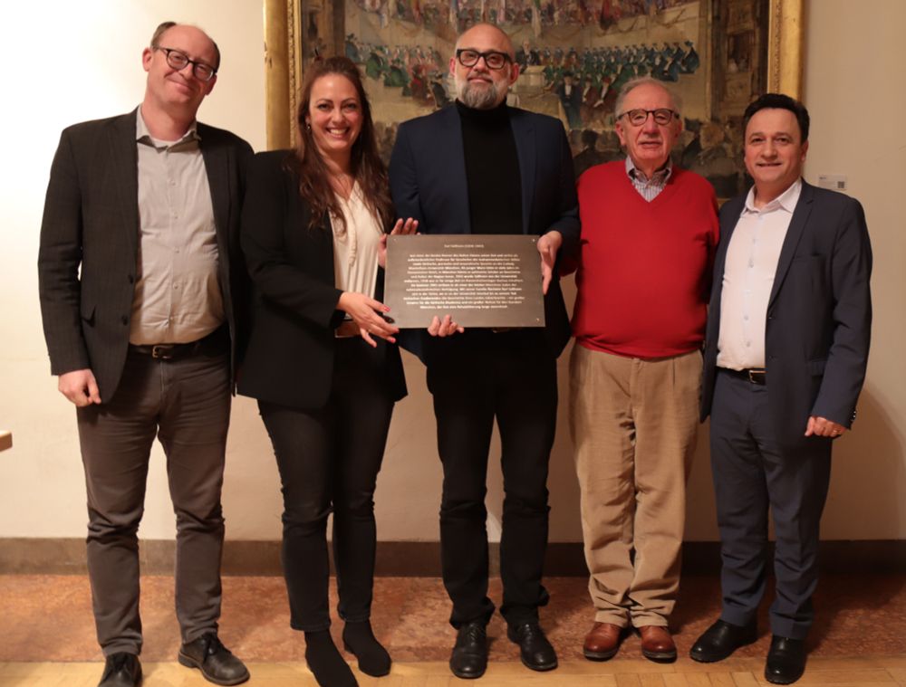 Presenting Süßheim's memorial plaque (left to right): Prof Philipp Lenhard, Süßheim's biographer Dr Kristina Milz, Prof Ronny Vollandt, Eri Alfandari, Prof Mehmet Hacısalihoğlu.