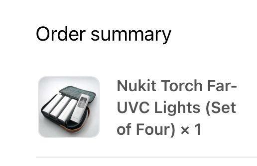 Order Summary screenshot for Nukit Torch Far-UVC lights.