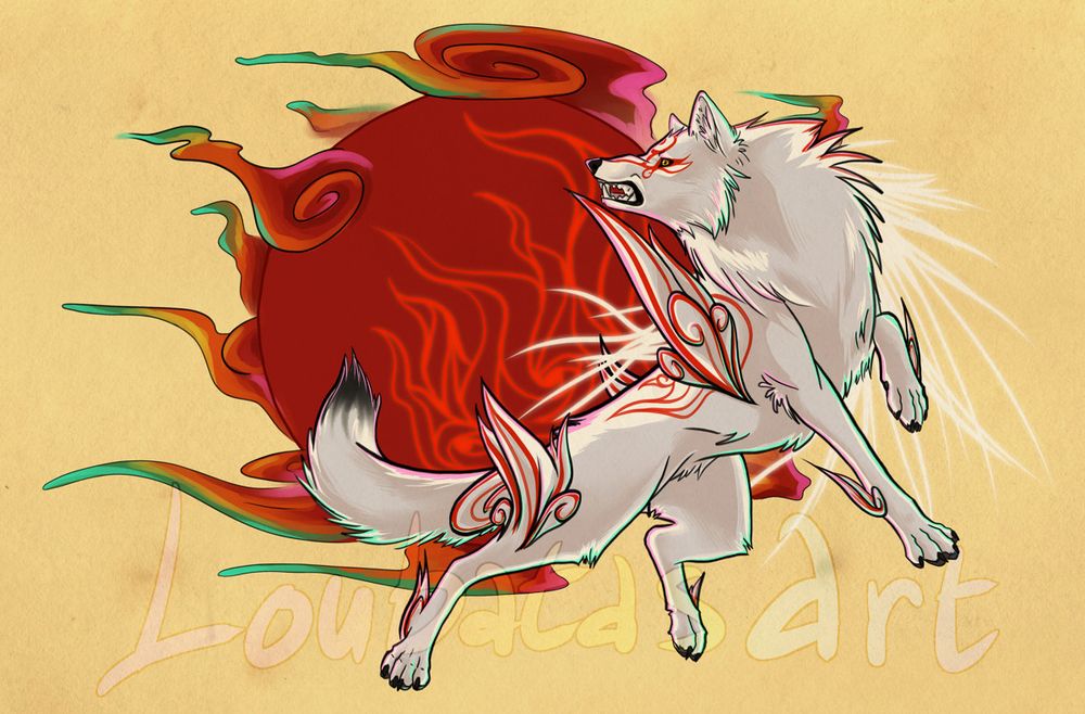 a digital drawing of Amaterasu from the game Okami, a white wolf with red markings over her body. She is jumping in mid-air, in a turn around motion, while snarling. Behind her is a red sun stylized as in the game, with magenta/orange/green smokes ands fumes emanating from it, remembering her Solar Flare weapon