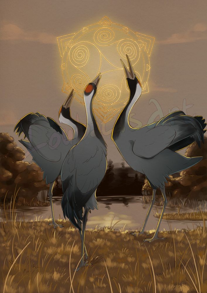 A digital painting of three common Eurasian cranes, standing in a marsh, a small lake bordered with trees behind them. They are trumpeting, their heads pointed towards the sky. Behind them is drawn a symbol mixing a triskelion and spirals, both common patterns in ancient brittonic art