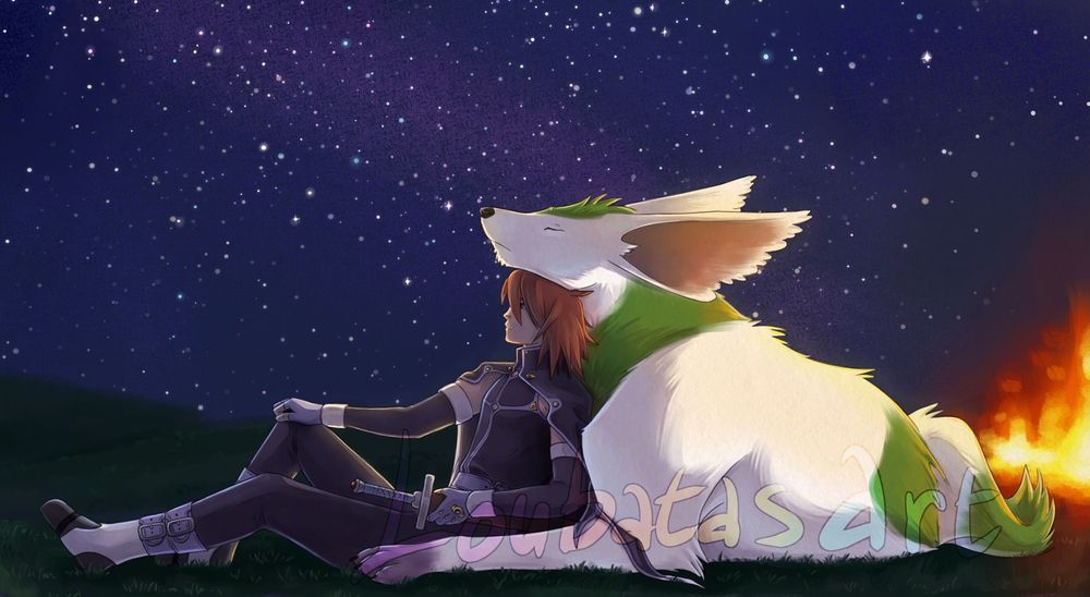 A digital painting of Kratos Aurion, a man with reddish-brown hair and dark purples clothes, and Noishe, a white and green giant dog-like creature, from the video game Tales of Symphonia. Kratos is sitting on the grass, hand on his sword, leaning back against Noishe. Noishe is lying on the grass just behind him, his head propped on Kratos's head. There's a fire burning behind them, contrasting with the night sky.
