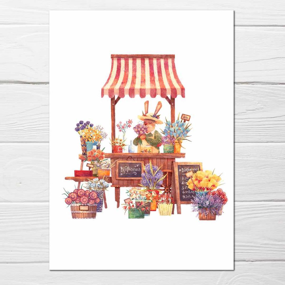 Rabbit florist as a stall reading "bláthanna" surrounded by flowers