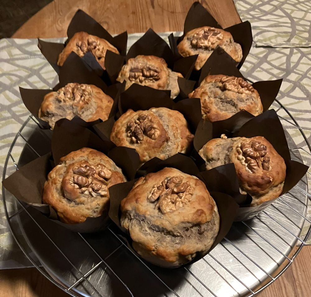 Neun Muffins in braunen spitzen Förmchen. Auf jedem ist eine halbe Walnuss.
