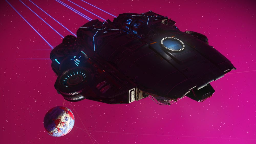 A pretty, big blue spaceship from No Man’s Sky