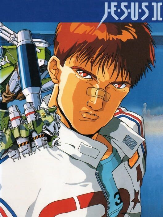 The cover of Jesus II for PC-98, featuring a sci-fi anime guy with a bandage over his nose and bunch of mechanical things on his back.