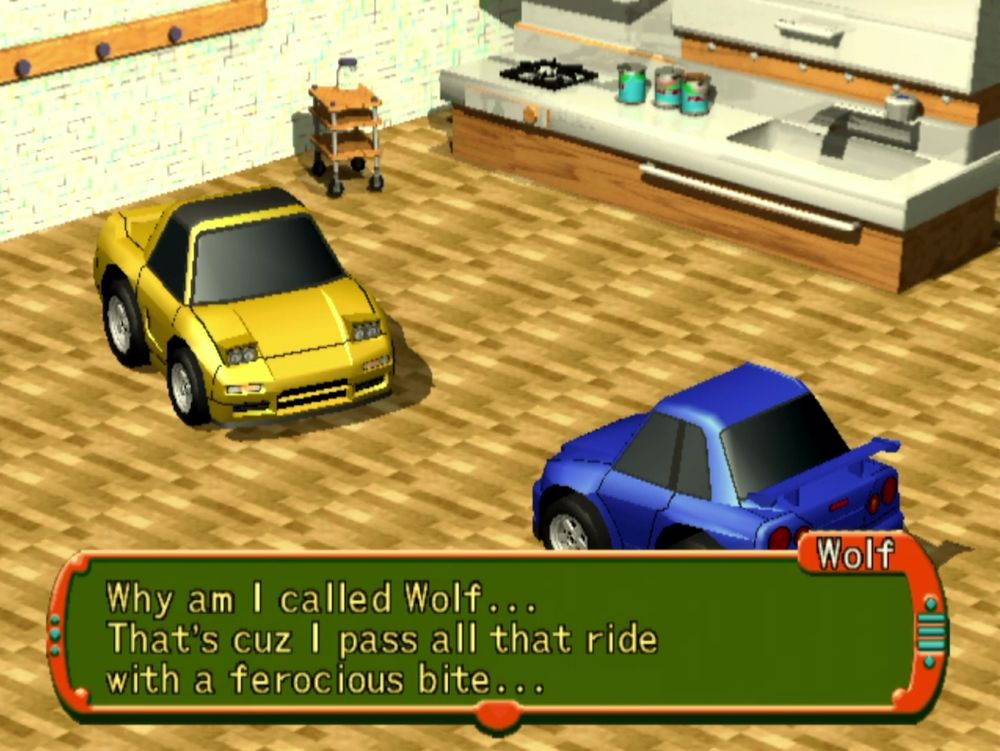 A screenshot from the PlayStation 2 game Road Trip. In a residential interior, one apparently sentient car is talking to another apparently also sentient car: "Why am I called Wolf... That's cuz I pass all that ride with a ferocious bite..."