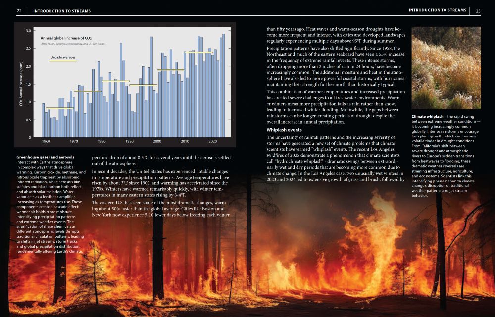 A book page spread on climate change, whiplash events, and other climate indicators that are driving change in all freshwater systems and riparian environments. Photo of a forest on fire; plus a graph on CO2 levels increasing over time.