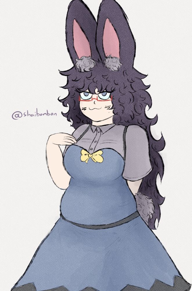 An actual description for this drawing, a bunny / rabbit girl . She is a chubby / pudgy character, and she wears retangular glasses. She has blue eyes  She also has the markings "z" on her cheeks, bit inspired by Ash Ketchum ones. I should mention she is human with bunny ears and tail, not a furry, think of it like a kemonomimi. She has long / big purple hair, kinda fluffy and messy. Her hears got gray pompoms too. 
She is wearing a purple dress, smiling happily, the dress got a small yellow bowtie too. The dress is a bit tight due to how fat the girl is (freaking whale, can't believe her, not even happy she goes on diet), so you can clearly see the markings of her belly / tummy on the dress. She is also in a pose with the hands behind her back kinda glinced over. The drawing was painted using watercolor brushes so it has this nice texture. 