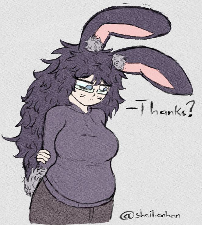 A description my ass it's tiring bc no one reads these smh. It's just bonbon in a shy pose saying thanks.
An actual description for this drawing, a bunny / rabbit girl . She is a chubby / pudgy character, and she wears retangular glasses. She has blue eyes  She also has the markings "z" on her cheeks, bit inspired by Ash Ketchum ones. I should mention she is human with bunny ears and tail, not a furry, think of it like a kemonomimi. 
