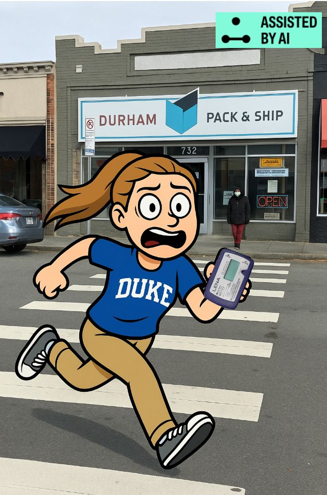 Photo of the storefront of the Durham Pack & Ship, with a crosswalk in front of it. A cartoon image of a girl in a Duke shirt is overlaid on top of the image. The girl is running, has a panicked expression, and is holding a LENA recorder. There is a label on top of the image that says "Assisted by AI".