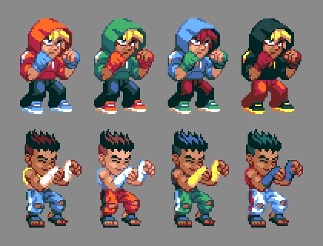 The scrapped alternative color palettes for Rick and Chai.