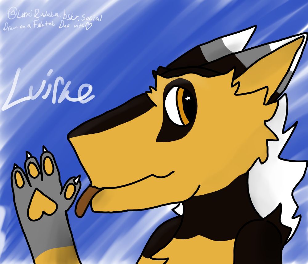 A sergal bleps and waves at you! Their name is Luirke, and are colored in yellow, brown, grey, and white.