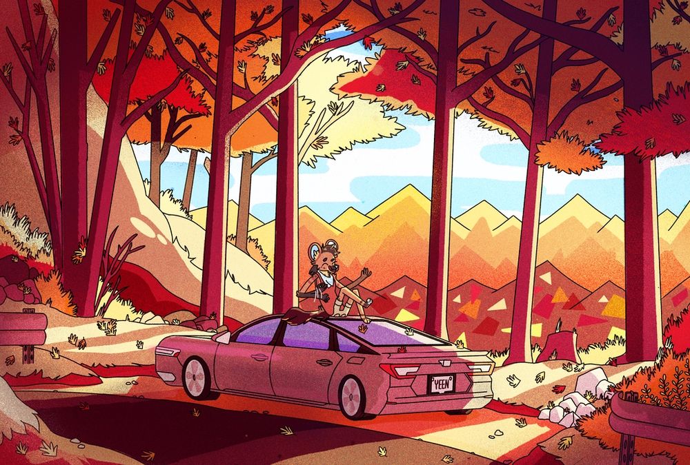 A hyena fursona in a fall scene sitting on the roof of his car playing air guitar with the mountains in the distance