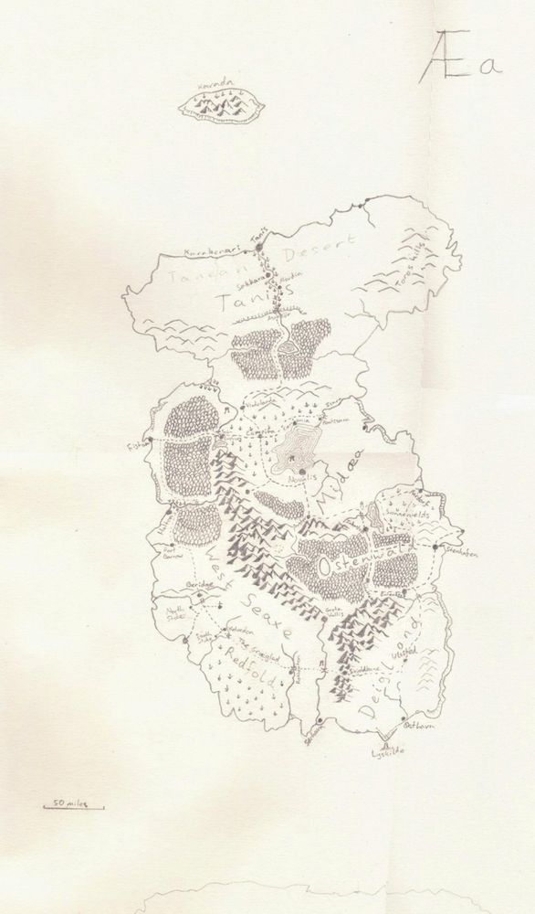 A hand-drawn fantasy world map for a continent called Æa. The continent is divided into five provinces: Tanis in the north, Midæa and Ostenwald in the east, West Seaxe in the west, and Deigland in the south. My story Aria of the Wayward mostly takes place in Midæa (in the province capital of Novalis)