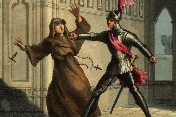 Ilustración, color: un hombre con hábito marrón de monje y un rosario al cuello levanta los brazos con gesto asustado mientras otro hombre con armadura completa y espada al cinto le lanza un puñetazo. De la mano derecha del monje cae una daga.