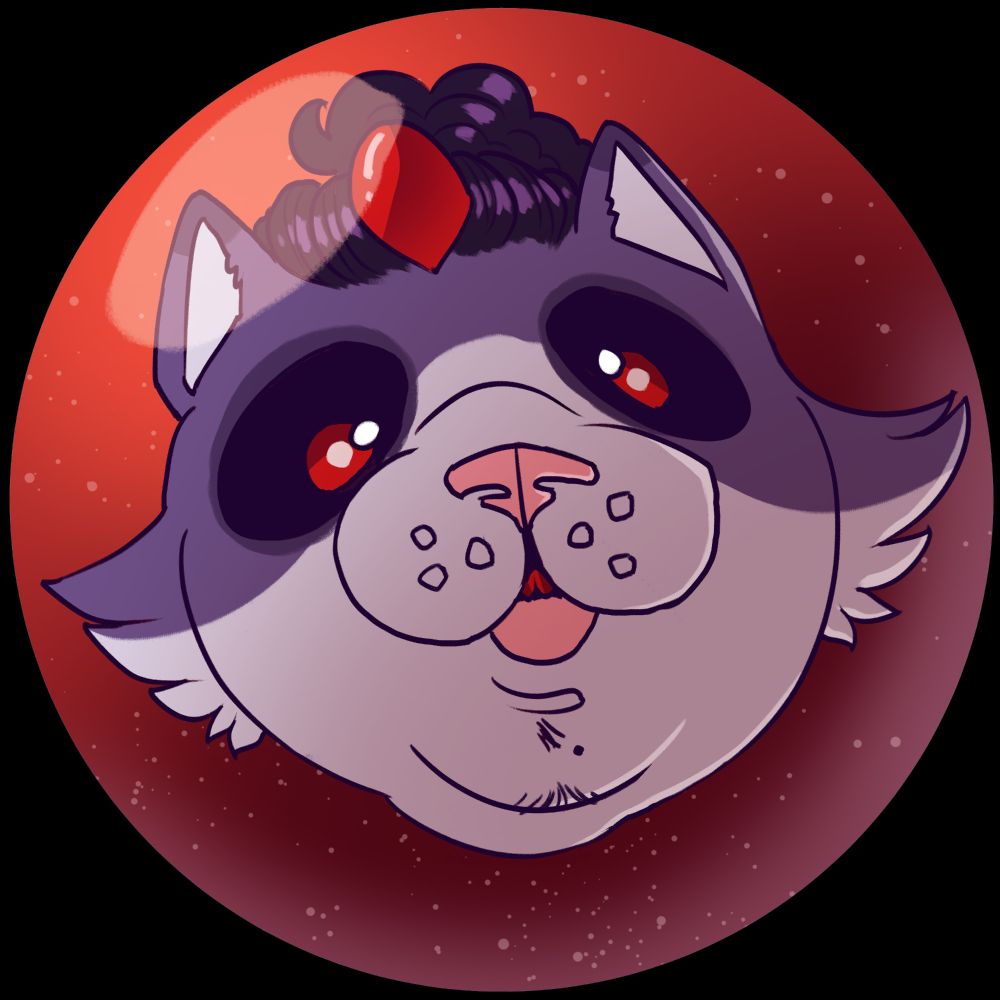 A digital drawing of a red bauble with a purple demon cat with a single, red horn depicted on it. The cat is making a silly face. The shape of the bauble distorts him to look stupid as hell.