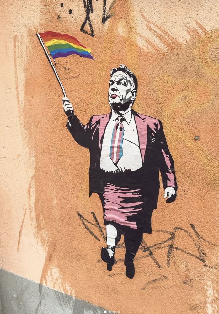 "Another Hungary is Possible" de Laika (artiste hongrois)
2025, dessin sur un mur de Budapest, Orban, habillé en femme (jupe et blazer rose, hauts talons, rouge à lèvres) il porte une cravate aux couleurs trans et tient dans sa main droite un drapeau arc-en-ciel