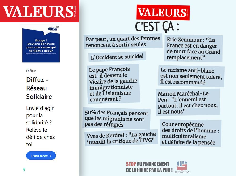 Pub Diffuz - Réseau solidaire sur Valeurs Actuelles. Collection de titres de Valeurs Actuelles d'extrême-droite, anti-immigration, antimusulman, antiprogressiste.