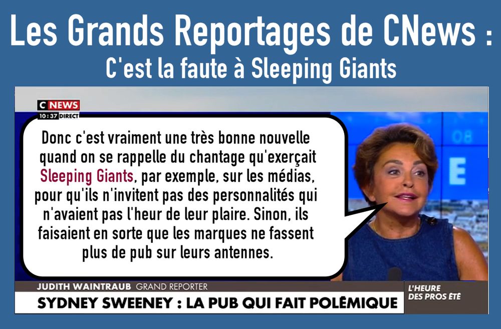 Capture de CNews avec le bandeau de nom : "Judith Waintraub Grand reporter" et le bandeau de titre : "Sydney Sweeney : la pub qui fait polémique"

Au-dessus, commentaire :
"Les Grands Reportages de CNews : c'est la faute à Sleeping Giants"

Dans un phylactère, la transcription des propos de J. Waintraub :
« Donc c'est vraiment une très bonne nouvelle quand on se rappelle du chantage qu'exerçait Sleeping Giants, par exemple, sur les médias, pour qu'ils n'invitent pas des personnalités qui n'avaient pas l'heur de leur plaire. Sinon, ils faisaient en sorte que les marques ne fassent plus de pub sur leurs antennes. »
