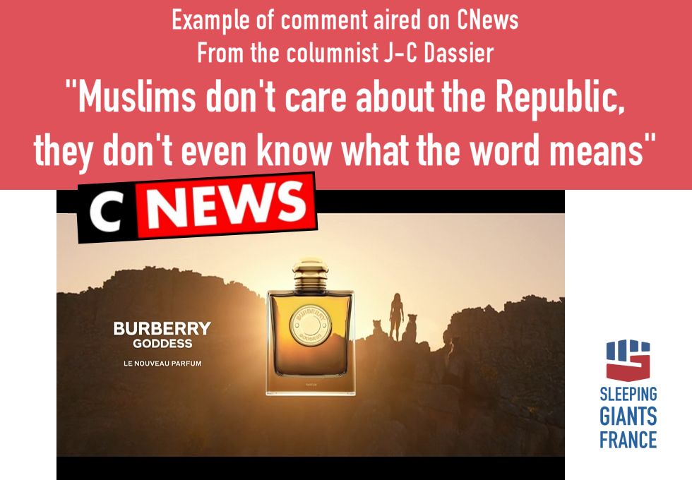 Screen capture of the Burberry ad on CNews. Example of comment aired on CNews from the columnist J-C Dassier : "But Muslims don't care about the Republic, they don't even know what the word means."