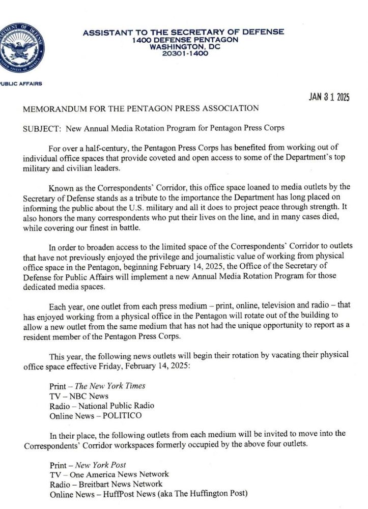 Lettre (en anglais) du ministère de la Défense (US), expliquant que la radio nationale, la télé nationale ainsi que la NY Times et Politico n'auront plus accès au Pentagone Press Corps