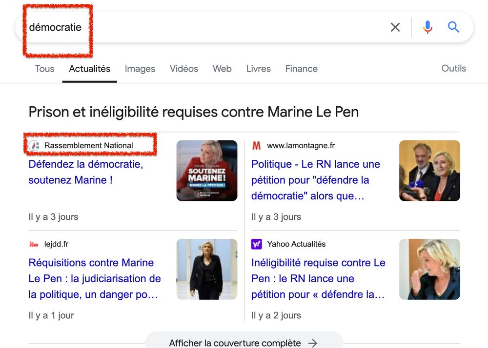 Capture d'écran Google Actualités, terme cherché "démocratie"
En 1er résultat : le site du RN et sa pétition contre les juges.
