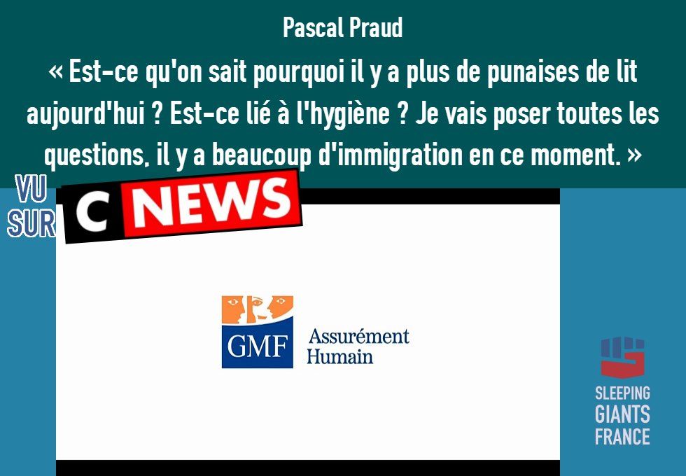 Capture d'écran de la publicité GMF sur CNews. Citation de Pascal Praud à l'antenne : « Est-ce qu'on sait pourquoi il y a plus de punaises de lit aujourd'hui ? Est-ce lié à l'hygiène ? Je vais poser toutes les questions, il y a beaucoup d'immigration en ce moment. »