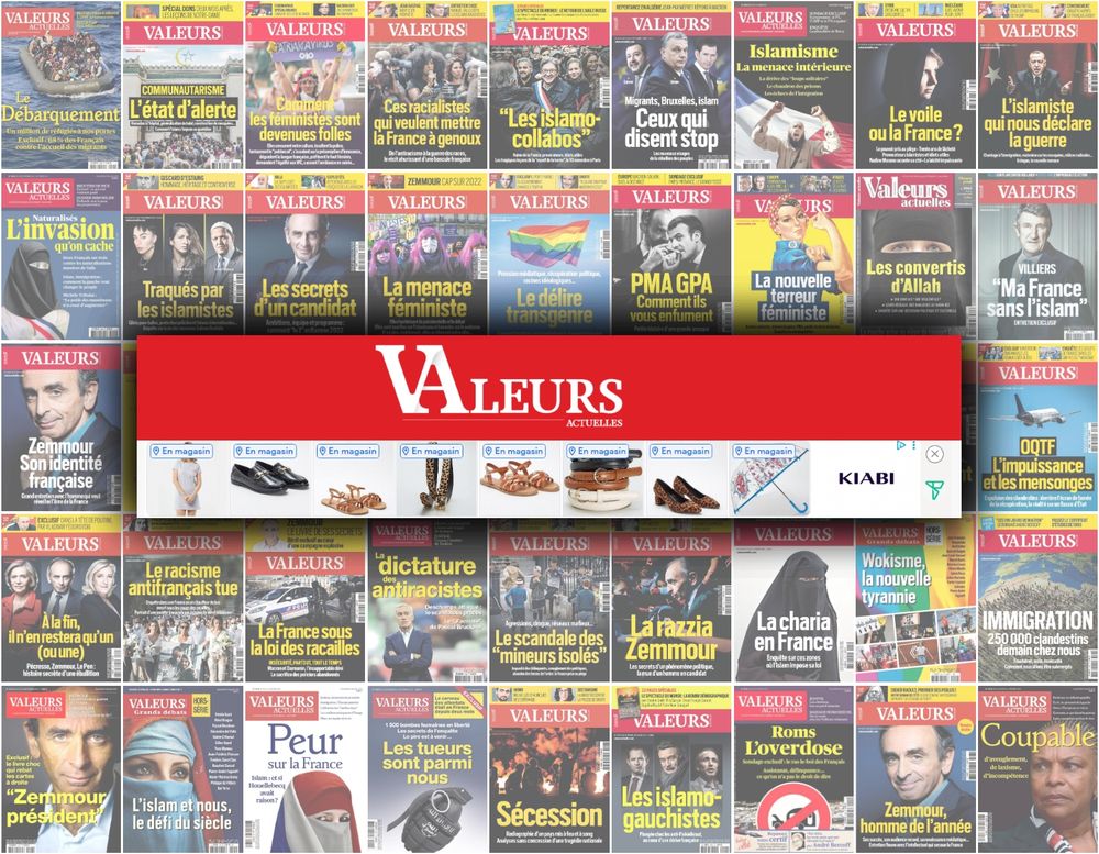 Publicité Kiabi sur le site de Valeurs Actuelles, sur fond de couvertures anti-islam, antiféministes, anti-immigration de l'hebdo