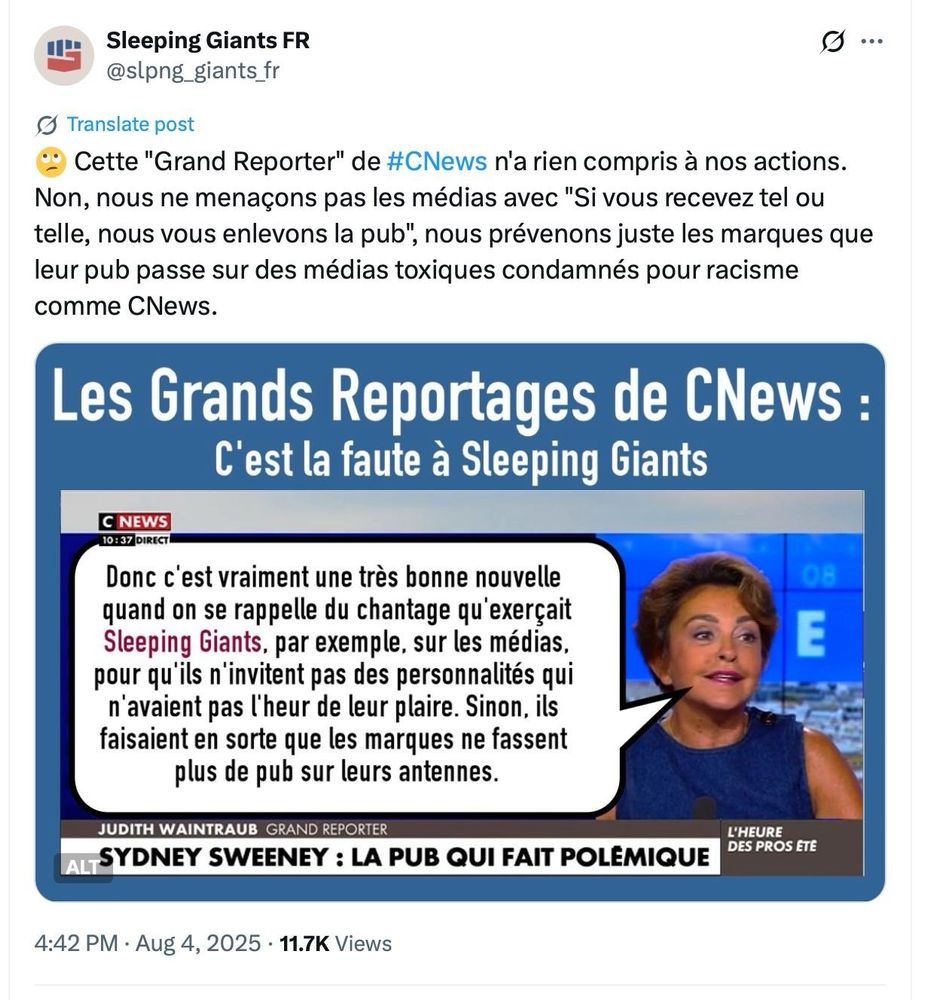 Tweet Sleeping giants
• Translate post
•• Cette "Grand Reporter" de #CNews n'a rien compris à nos actions.
Non, nous ne menaçons pas les médias avec "Si vous recevez tel ou telle, nous vous enlevons la pub",
", nous prévenons juste les marques que
leur pub passe sur des médias toxiques condamnés pour racisme comme CNews.