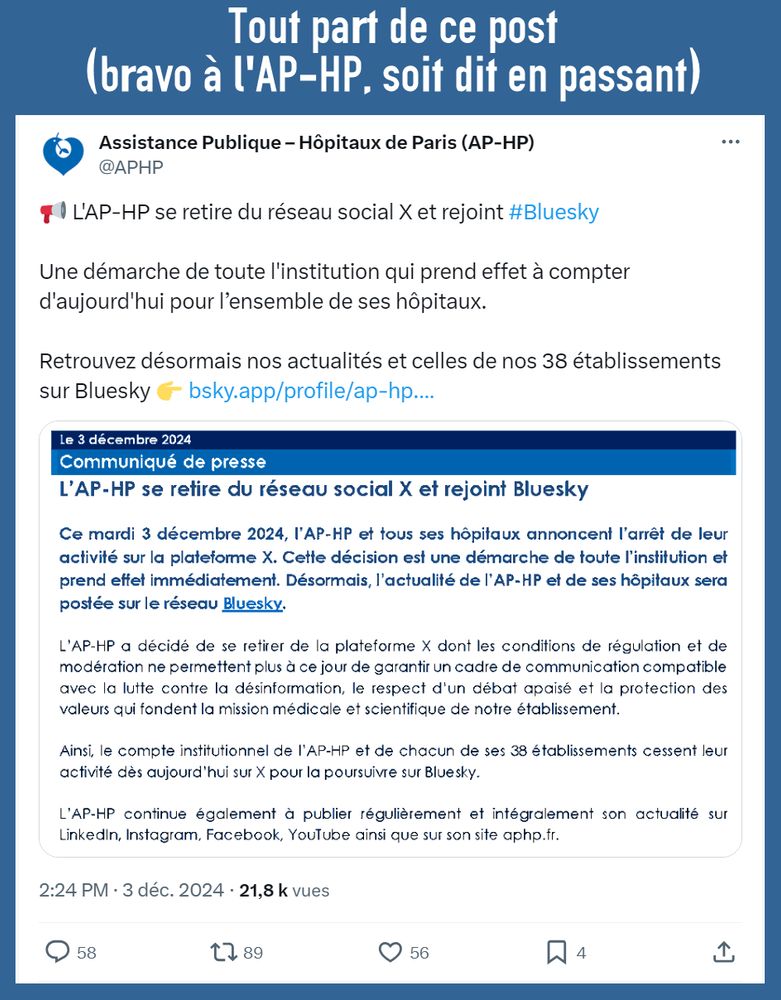 Communiqué de l'AP-HP (@APHP) annonçant son retrait de X
