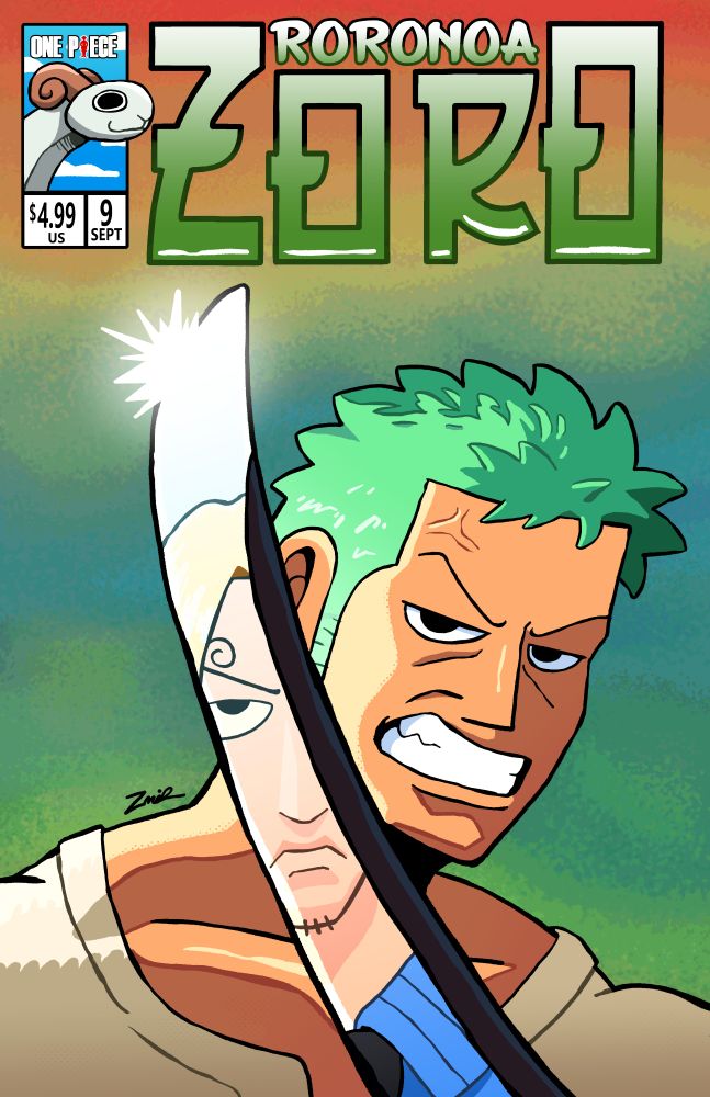 Comic book style cover of Roronoa Zoro from one piece holding a sword with a reflection of Sanji in it. This is a reference to the iconic Hulk vs. Wolverine Marvel Comics cover.
