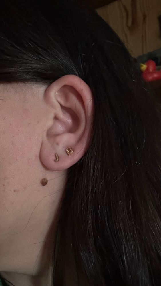 a pair of earrings - one is a J and the other is a B