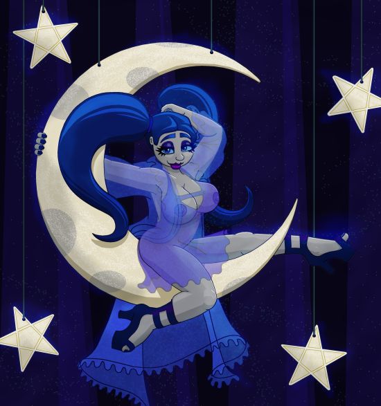 Bellina Nyteshade (human, she/her) on a crescent moon prop, wearing translucent lingerie