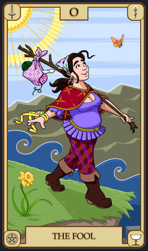A tarot card (The Fool) showing Angie as the titular fool, wearing motley stuff, carrying a bindle, and following a butterfly off of a cliff.