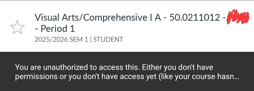 An image if my canvas for my Visual Arts/Comprehensive IA class but its inaccessible because "You are unauthorized to access this. Either you dont have permissions or you dont have access yet (like your course hasn..."