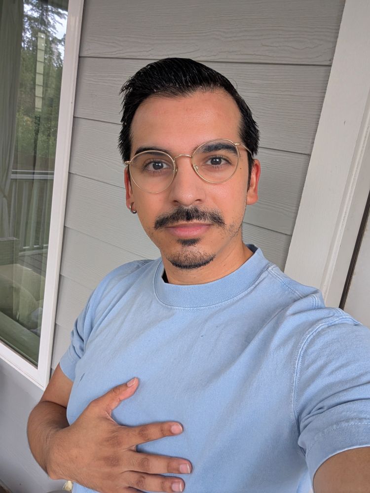 Selfie on my porch in my light blue t shirt
